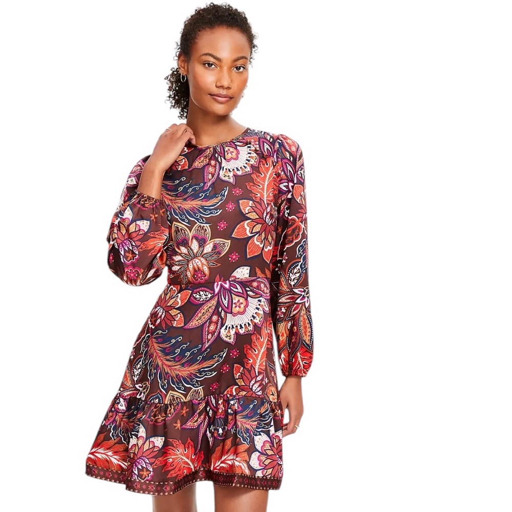 NWT Loft Petite Paisley Shoulder Button Flounce Dress